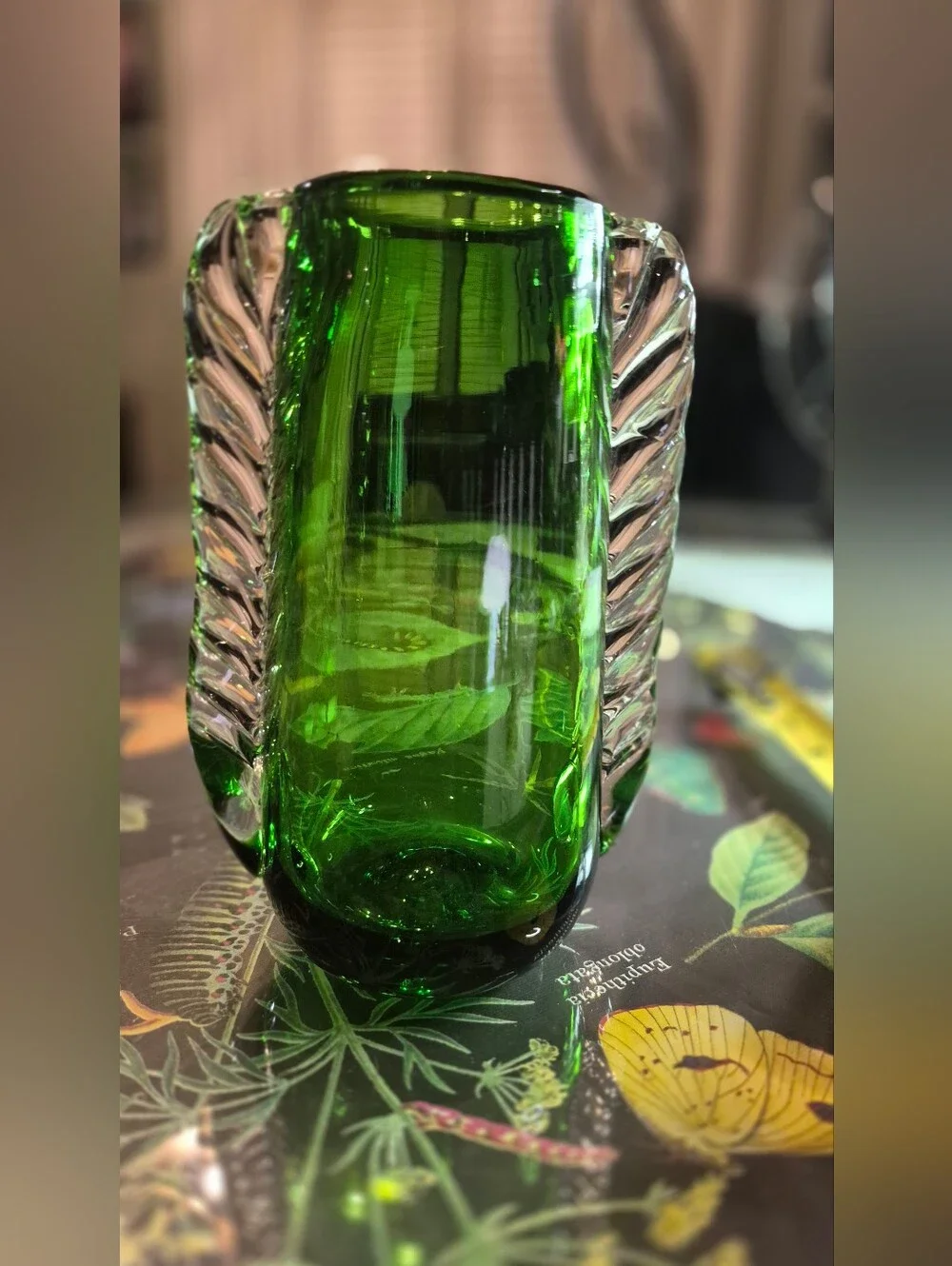 Green Glass Decorative Vase with Twisted Clear Handles
